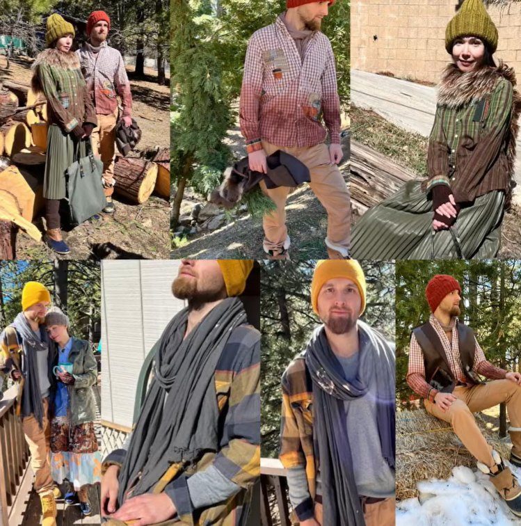 Woodsman Collection outfits: patched plaid flannels, layered knits, and mountain-toned skirts in the pines